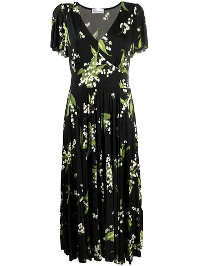 Red Valentino Floral-print Flared Dress In Black