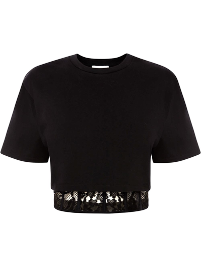 Alexander Mcqueen Cropped Layered Cotton-jersey And Embroidered Tulle T-shirt In Black