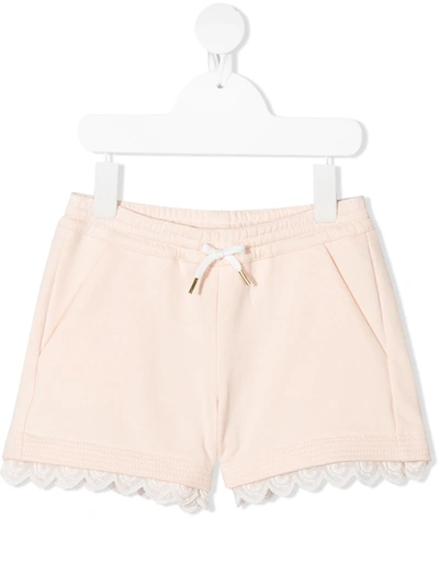 Chloé Kids' Pink Cotton Shorts With Embroidered Bottom In Pink & Purple