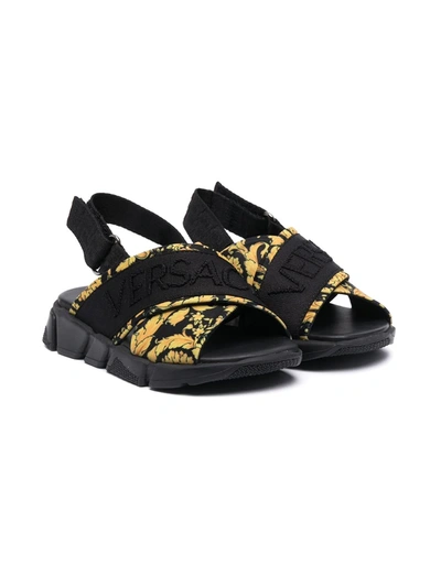 Young Versace Kids' Cross-over Strap Sandals In Black