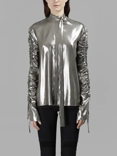 Versace Metallic Ruched Sleeve Blouse In Gold