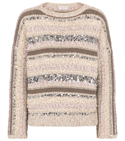 Brunello Cucinelli Sequin-embellished Striped Marled Intarsia-knit Sweater In Grey