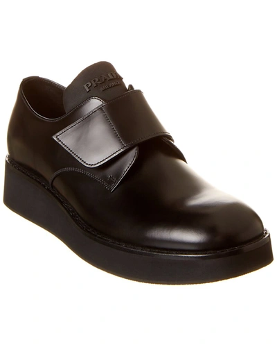 Prada Brushed Leather Derby Shoes W/ Strap In Black