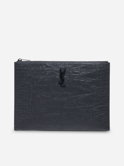 Saint Laurent Monogram Crocodile-effect Leather Tablet-case