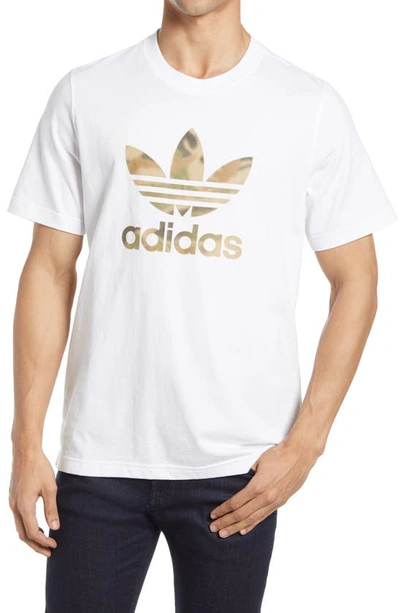 Adidas Originals Holographic Trefoil Logo Tee In White/wild Pine /multicolor