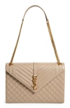 Saint Laurent Monogram Ysl V-flap Large Tri-quilt Envelope Chain Shoulder Bag - Golden Hardware In Dark Beige