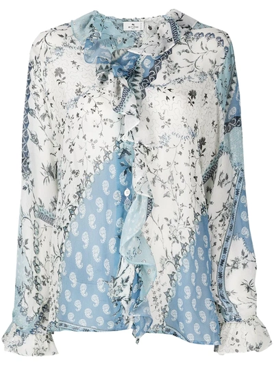 Etro Ruffled Patchwork Printed Silk-crepon Blouse In Light Blue