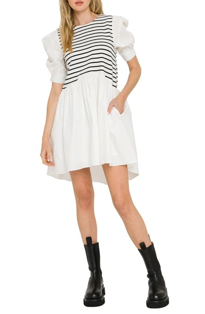 English Factory Mixed Media Puff Sleeve Dress In White Combo