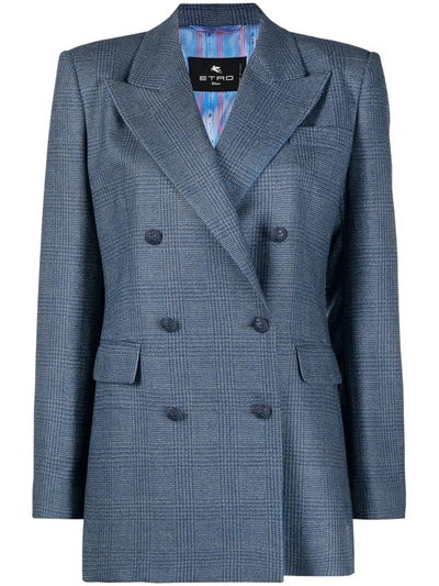 Etro Checked Double-breasted Blazer In Navy Blue