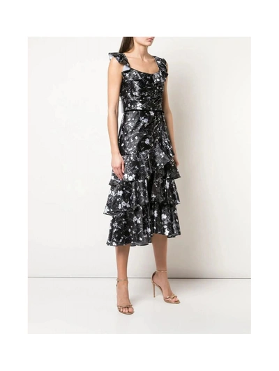 Marchesa Notte Floral Print Charm Ruffle Cocktail In Black