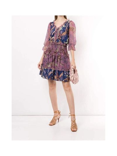 Marchesa Notte Smocked Floral Mini Cocktail Dress In Blue