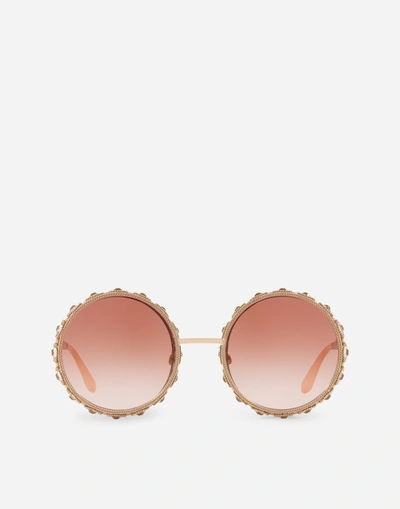 Dolce & Gabbana Swarovski Crystal-embellished Round-frame Rose Gold-tone Sunglasses In Pink Gold