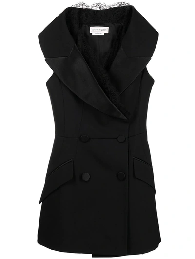 Alexander Mcqueen Double-breasted Lace And Satin-trimmed Wool-blend Vest In Nero