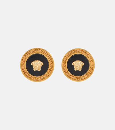 Versace Resin Medusa Button Earrings In Black,gold