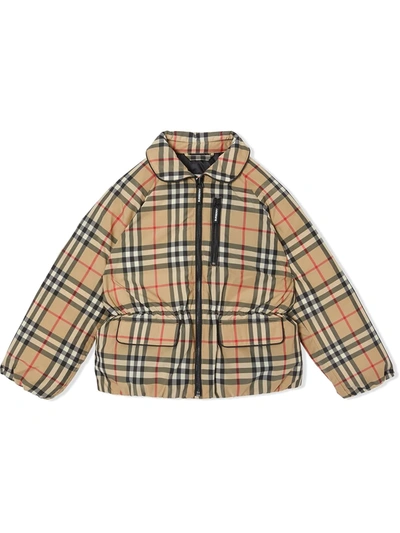 Burberry Kids' Beige Jacket For Girl With Vintage Checks In Neutrals