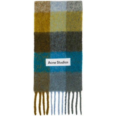 Acne Studios Green & Blue Alpaca & Mohair Large Check Scarf In Olive/turquoise/grey