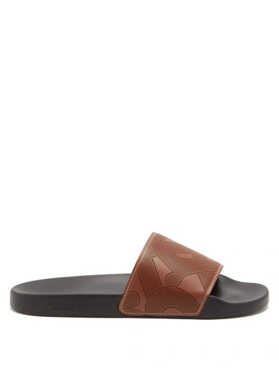 Burberry Leather Perforated Monogram Slides In Black Brown