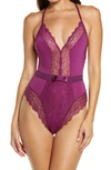 Black Bow Henny Satin & Lace Thong Bodysuit In Dried Plum