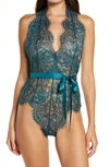 Oh La La Cheri Naomi Plunge Neck Lace Bodysuit In Deep Teal