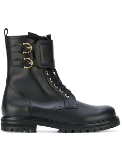 Ferragamo 30mm Crotone Leather Combat Boots In Black