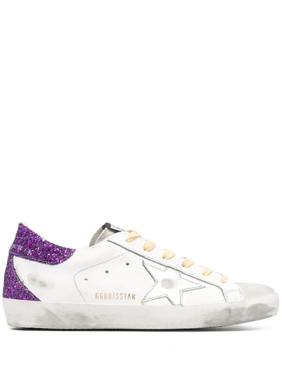 Golden Goose Woman White Super-star Sneakers With Silver Star, Yellow Laces And Purple Glitter Spoiler