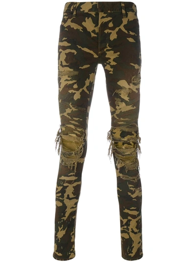 Balmain Distressed Camouflage-print Skinny Biker Jeans In Army Green