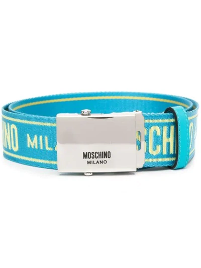 Moschino Men's Logo Webbing Belt In Light Blue Multi