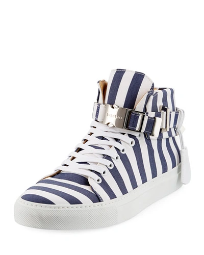 Buscemi Men's 100mm Striped Canvas High-top Sneakers, Blue Ink In Blue/white