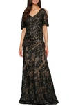 Alex Evenings Sequin Lace Cold Shoulder Trumpet Gown In Black/ Nude