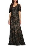Alex Evenings Sequin Lace Cold Shoulder Trumpet Gown In Blk/nude