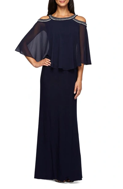 Alex Evenings Cold Shoulder Popover Dress In Navy