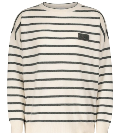 Brunello Cucinelli Virgin Wool, Cashmere And Silk Striped Sweater With Precious Patch Lead In White