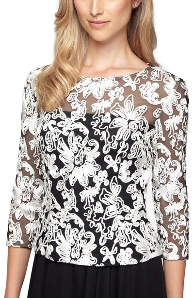 Alex Evenings Embellished Tulle Blouse In Black/white