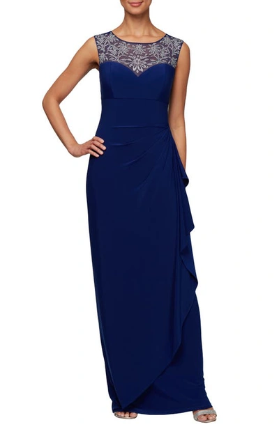 Alex Evenings Embellished Illusion Yoke Cascading Maxi Dress In Bright Sapphire