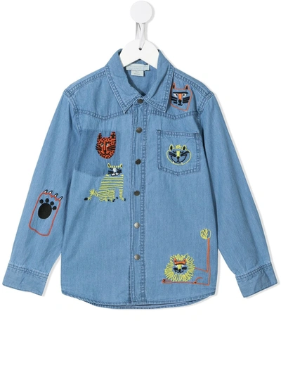 Stella Mccartney Kids' Feline-embroidered Denim Shirt In Blue
