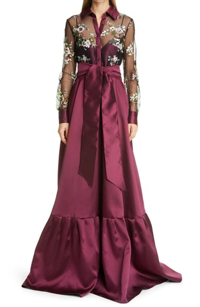 Badgley Mischka Sequin Embroidery Bodice Long Sleeve Full Skirt Gown In Black Raspberry