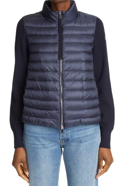 Moncler Quilted Down & Wool Long Cardigan In Navy