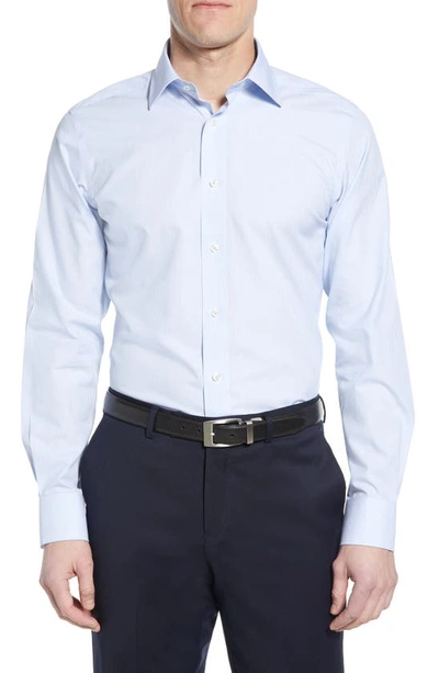 David Donahue Luxury Non-iron Trim Fit Stripe Dress Shirt In White/blue