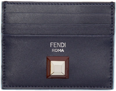 Fendi Navy & Tan Single Stud Card Holder In Multi