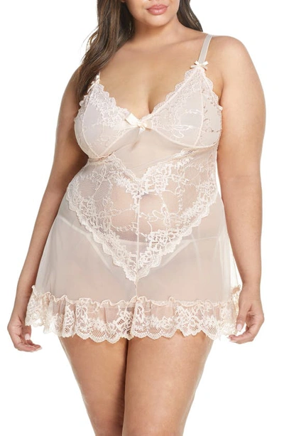 Oh La La Cheri Plus Size Valentine Lace Babydoll Set In Silver Peony