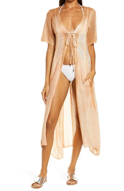 Elan Crochet Inset Long Cotton Cover-up In Melon