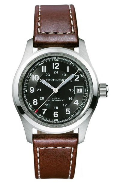 Hamilton Khaki Field Automatic Leather Strap Watch, 38mm In Brown/ Black/ Silver