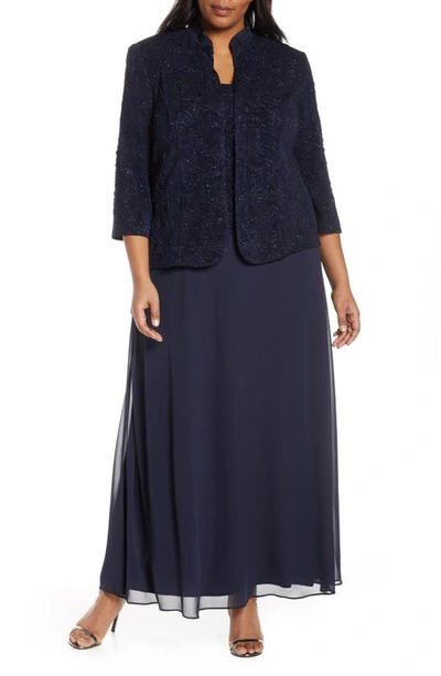 Alex Evenings Mock Two-piece Gown With Jacket In Navy