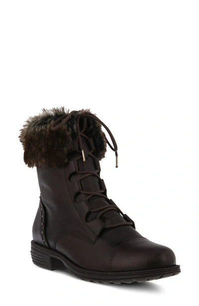 Spring Step Bobbi Bootie With Faux Fur Trim In Chocolate Brown Leather