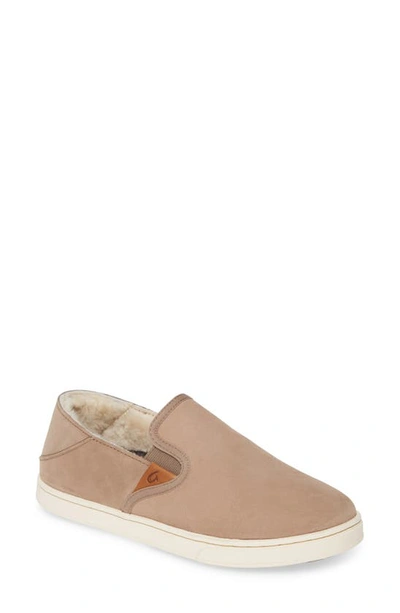 Olukai Pehuea Heu Genuine Shearling Slip-on Trainer In Taupe Grey Leather