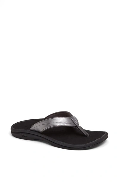 Olukai Ohana Flip Flop In Pewter/ Black Faux Leather