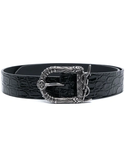 Saint Laurent Monogramme Croc-effect Leather Belt In Black