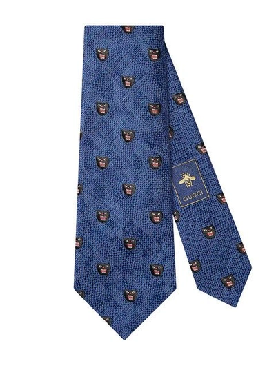 Gucci Panthers Silk Wool Tie In Blue