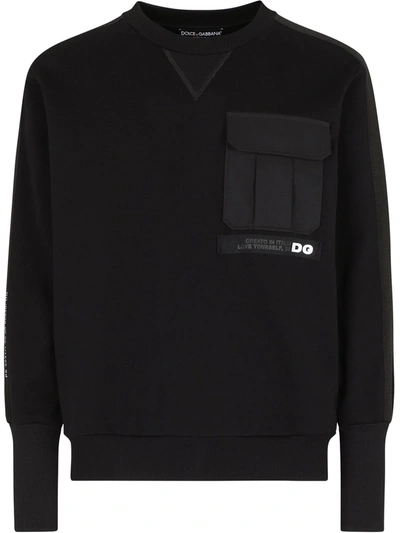 Dolce & Gabbana Round-neck Sweatshirt With Patch Pocket And Patch Embellishment In Black