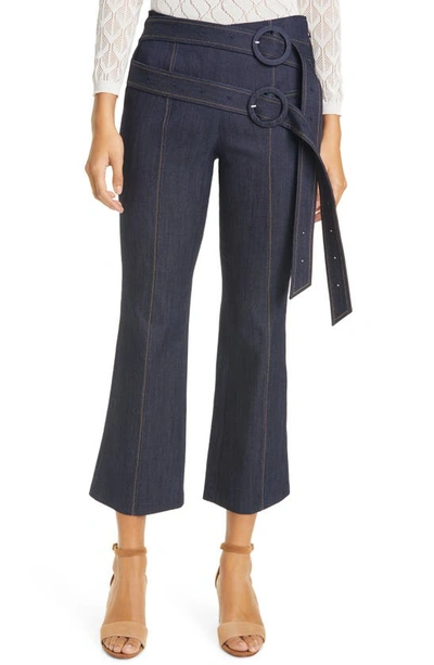 Cinq À Sept Jessi Cropped Flare Denim Pants W/ Double Belt In Indigo